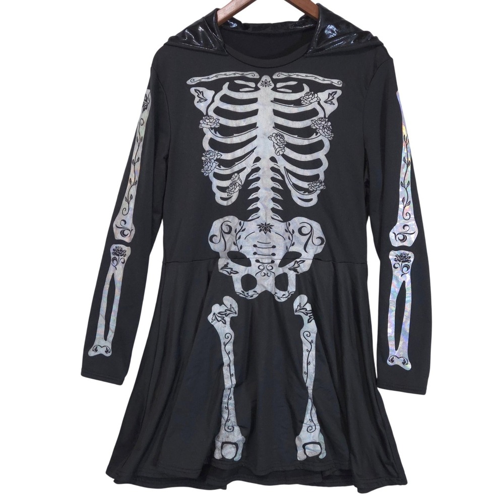 Skeleton Hooded Mini Dress M Holographic Black Fleece Costume Halloween